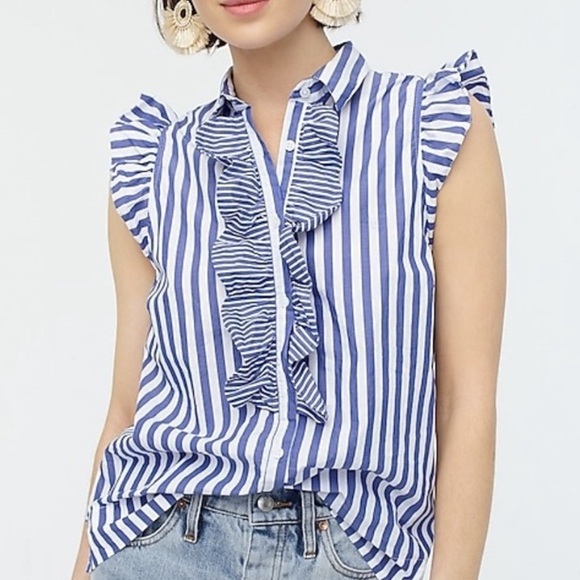 J Crew Ruffle Button Up Mixy Stripe Blouse Top - Picture 1 of 12